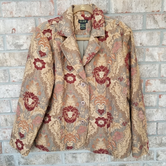 ELCC Gold Maroon Elegant Floral brocade Suit  jacket LARGE Blazer - Picture 1 of 10